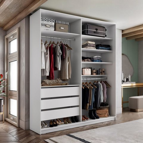 Closet Solteiro Guarda Roupa sem Porta 159cm 3 Gavetas Mdf Pisa R02 Branco - Lyam Decor