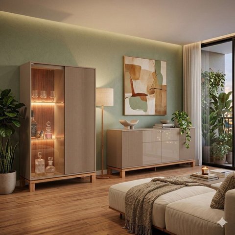 Buffet 4 Portas com Cristaleira com LED Microripado Mondrian Bege/Sued