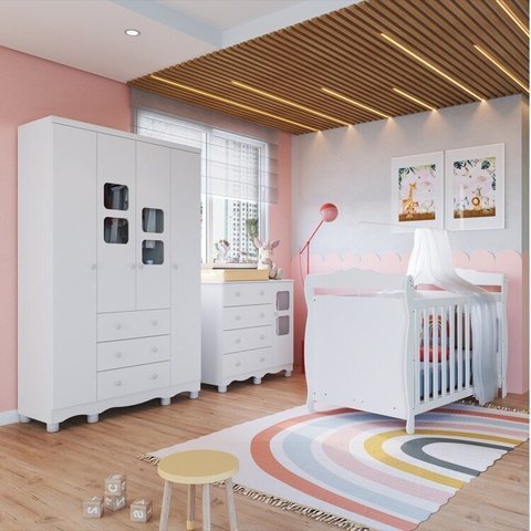Quarto de Bebê Berço 3 em 1, Guarda-Roupa e Cômoda com Janelas 100% MDF Nina Espresso Móveis Branco/Brilho