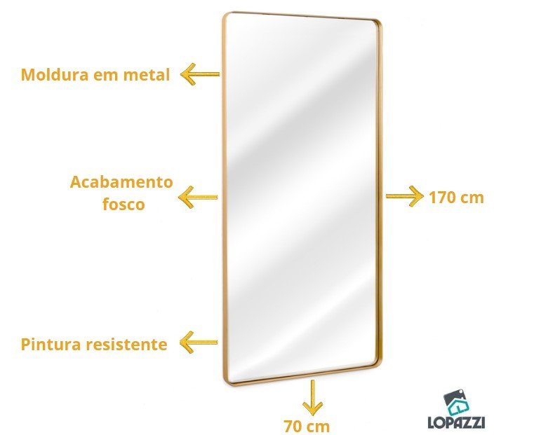 Espelho Grande Corpo Inteiro de Parede Retangular com Moldura em Metal 170 X 70cm Dourado - 4