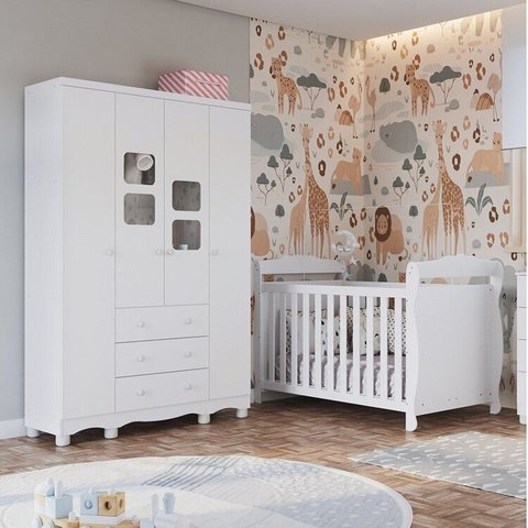 Quarto de Bebê com Guarda Roupa 4 Portas com Janelas e Berço Americano Nina 100% MDF Espresso Móveis Branco/Brilho