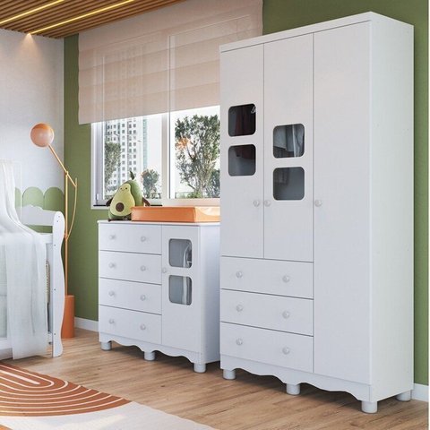 Quarto Infantil com Guarda Roupa 3 Portas e Cômoda 1 Porta com Janelas Mimo 100% MDF Espresso Móveis Branco/Brilho