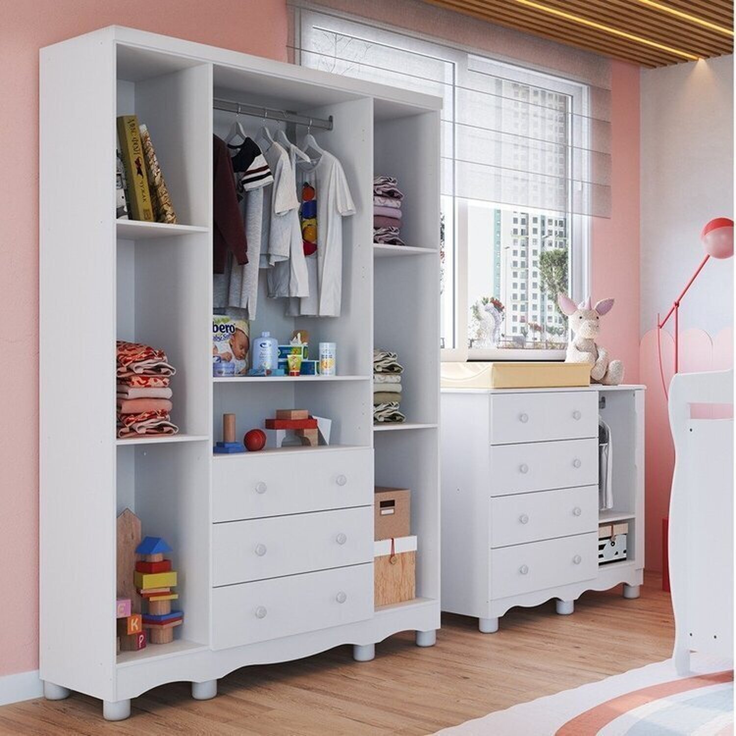 Quarto Infantil com Guarda Roupa 4 Portas e Cômoda 1 Porta com Janelas Mimo 100% Mdf Espresso Móveis - 2