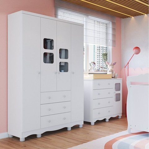 Quarto Infantil com Guarda Roupa 4 Portas e Cômoda 1 Porta com Janelas Mimo 100% MDF Espresso Móveis Branco/Brilho