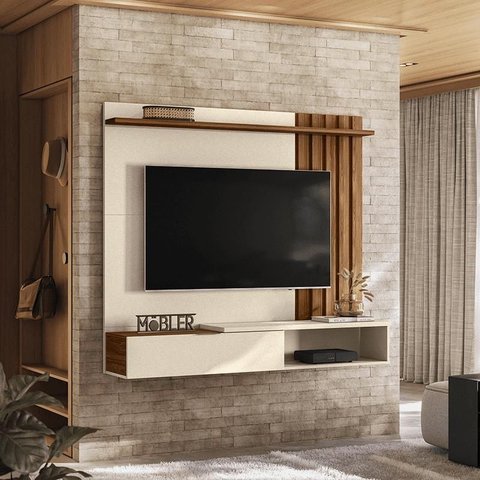 Home Suspenso Vegas 1,60m Tvs 65'' Nichos Painel Lateral Ripado com Porta Basculante - Perola