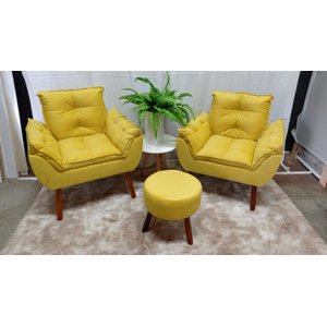 Kit 02 Poltrona Decorativa Opala + Puff Redondo Suede Amarelo- Pandora Decor