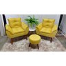 Kit 02 Poltrona Decorativa Opala + Puff Redondo Suede Amarelo- Pandora Decor - 1
