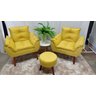 Kit 02 Poltrona Decorativa Opala + Puff Redondo Suede Amarelo- Pandora Decor - 3