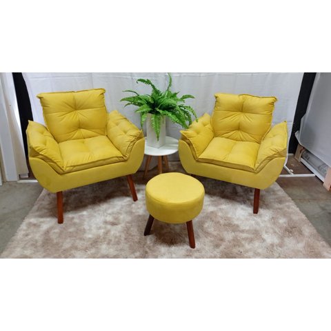 Kit 02 Poltrona Decorativa Opala + Puff Redondo Suede Amarelo- Pandora Decor