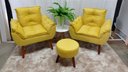 Ver imagem 1 de Kit 02 Poltrona Decorativa Opala + Puff Redondo Suede Amarelo- Pandora Decor