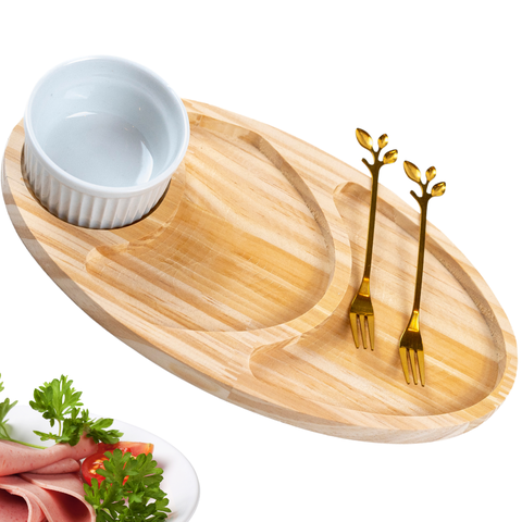 Kit Petisqueira Madeira Oval com Garfinhos e Ramequim