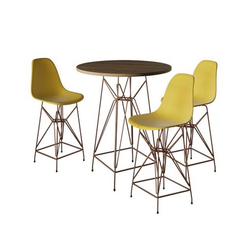 Jogo Mesa Bistrô Eames Tampo Amêndoa 60Cm 3 Banquetas Amarela Base Ferro Cobre - Cor: Amendoa