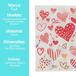 Kit Guardanapo Estampado Corações Branco e Vermelho 40 Folhas 16cm - Tuut - 8