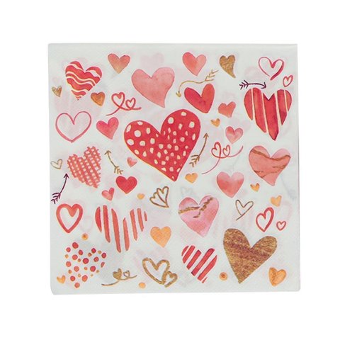Kit Guardanapo Estampado Corações Branco e Vermelho 40 Folhas 16cm - Tuut