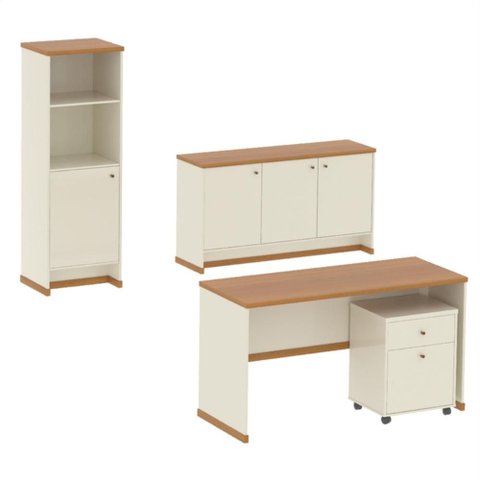 Conjunto Escritório Office 4 Peças Mesa Gaveteiro Armário Buffet Zeus - Via Nossa - Off White e