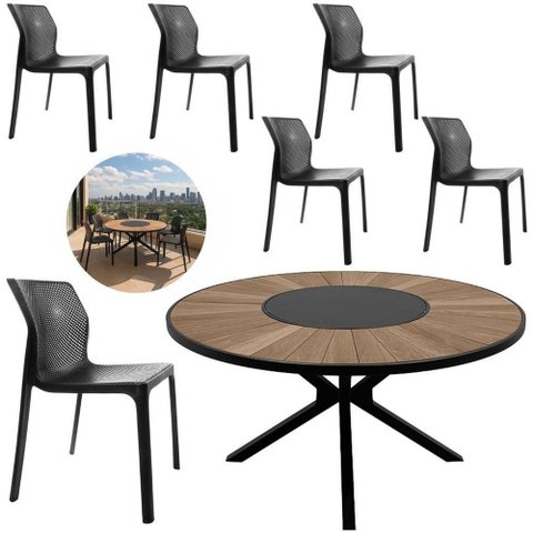 Conjunto Mesa e 6 Cadeiras Zurick Moderno Alumínio Polipropileno 45cm Café Nossa Kasa