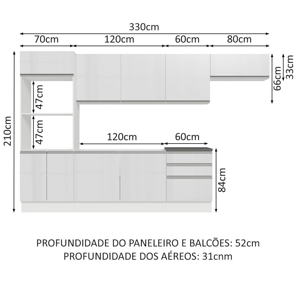 Cozinha Completa 100% MDF Madesa Acordes 330006 com Armário e Balcão Frentes Branco Brilho Cor:Branc - 3