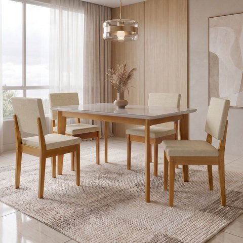 Conjunto Sala de Jantar Siera 4 Lugares Vidro Retangular Madeira Maciça Miami