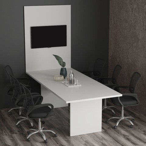 Kit com Mesa para Reunião 6 Lugares e Painel para TV até 37 Polegadas Branco