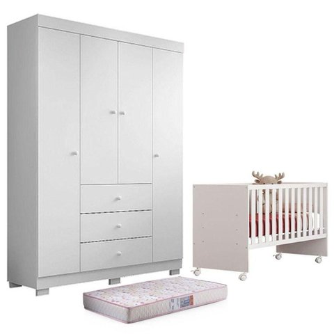 Berço Nacional Doce Sonho 3540 e Guarda Roupa Duda 4 Portas Branco Brilho com Colchão Gazin