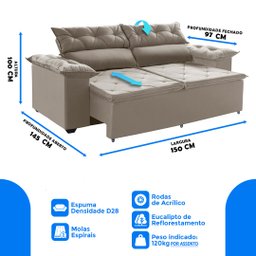 Sofá Compact 150Cm Retrátil e Reclinável com molas Espirais 5 Posições Castor - 3