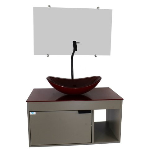 Gabinete Armário Banheiro 60cm Cuba Oval Vermelha