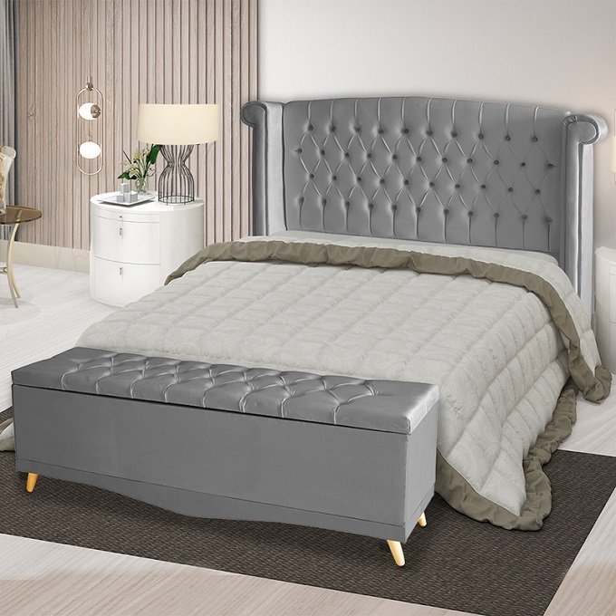 Kit de Quarto Cabeceira de Cama Box e Calçadeira Baú Toquio Casal Queen 160 Cm Suede Prata Ec Móveis - 2