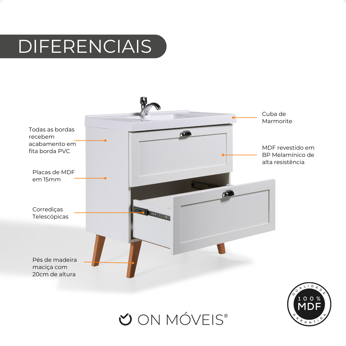 Gabinete para Banheiro com Cuba 80cm Retro Mdf Milano - On Móveis Cor:branco - 5