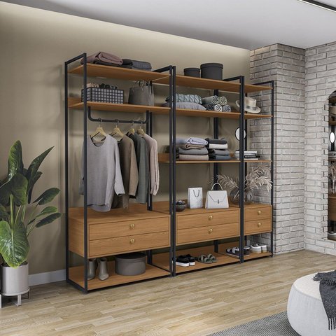 Kit Dormitorio 6 Gavetas e 1 Cabideiro Industrial Marrom/Canela/Preto Fosco
