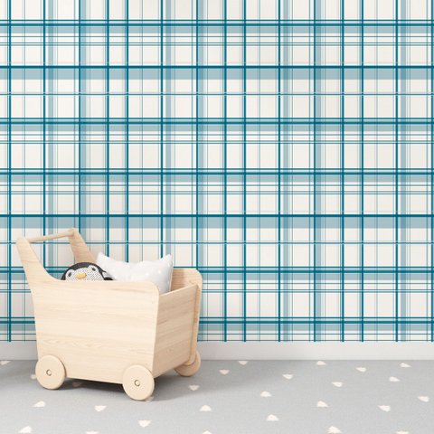 Papel de Parede Infantil Xadrez Tartan Azul Turquesa