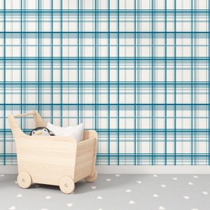 Papel de Parede Infantil Xadrez Tartan Azul Turquesa
