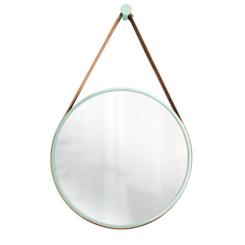 Espelho Decorativo Adnet Verde Alça Corino Caramelo 30cm Redondo Verde/Caramelo, 30 cm