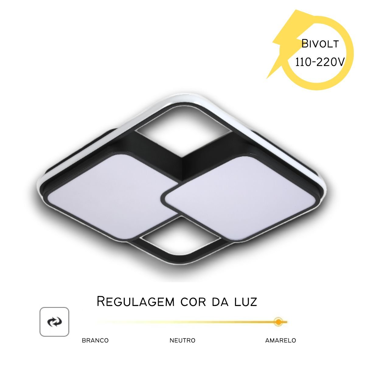 Luminária de Led de Sobrepor Quadrada Bivolt 32w 3 em 1 com Luz Central Dupla:preto - 2