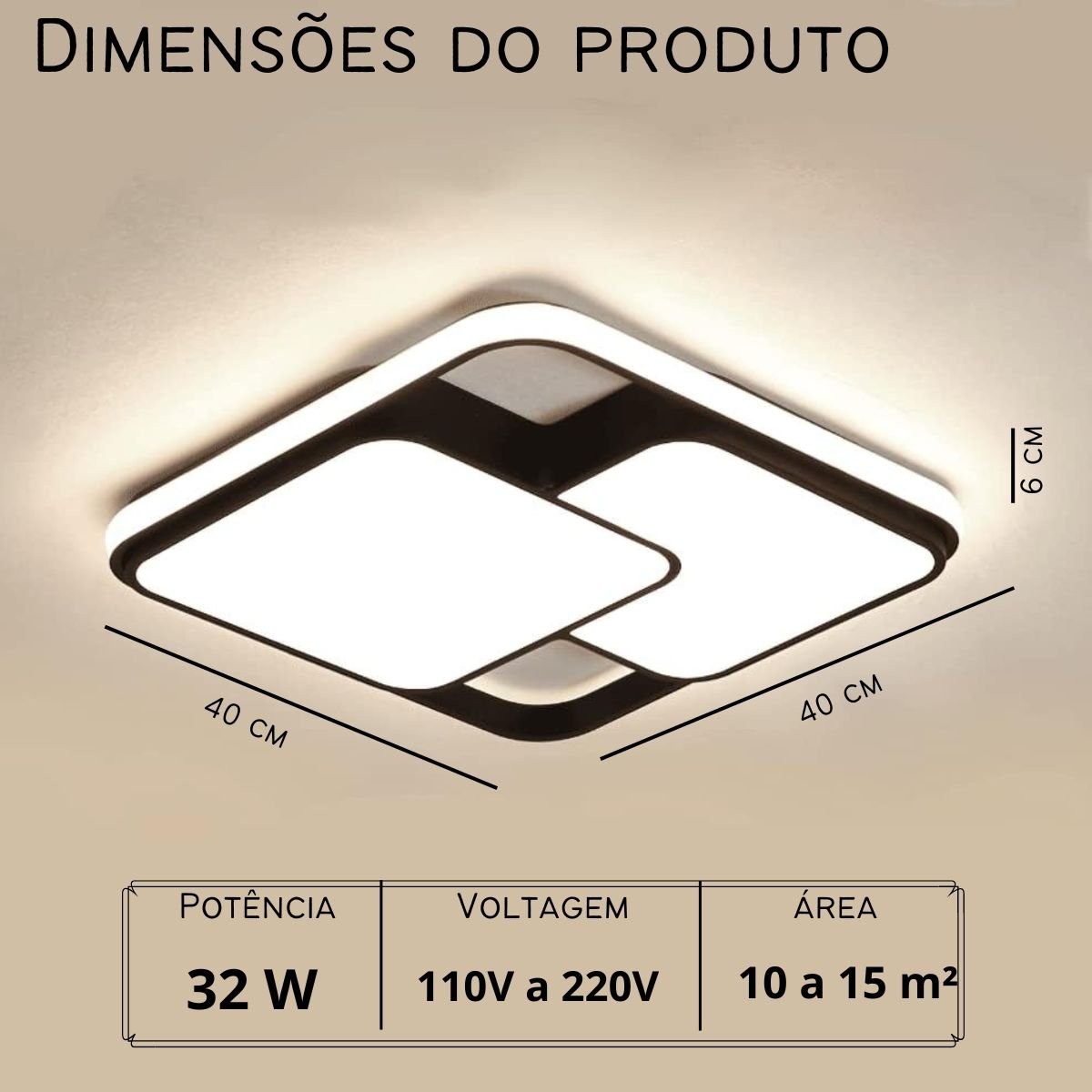 Luminária de Led de Sobrepor Quadrada Bivolt 32w 3 em 1 com Luz Central Dupla:preto - 9