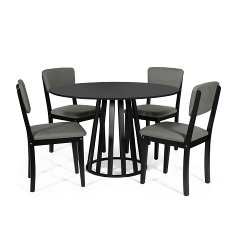 Mesa de Jantar Redonda Gabi Preta com 4 Cadeiras Estofadas Ella Preto/cinza