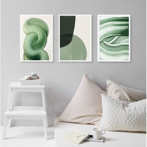 Kit 3 Quadros Decorativos Sala Abstratos Verdes Claro 33x24cm - com Vidro:madeira Branca