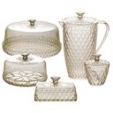 Ver imagem 1 de Kit Boleira Baixa, Queijeira, Açucareiro, Manteigueira e Jarra de Plástico Cristal Âmbar Plasutil