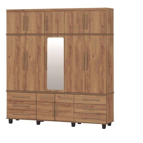 Roupeiro / Guarda Roupas Gav Triplex 5 Portas com Espelho Central + 6 Gavetas Puxadores em Madeira C