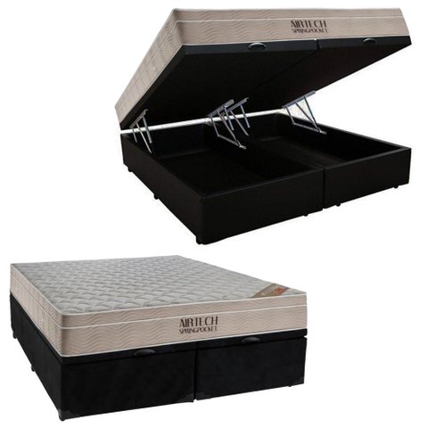 Cama Box Baú King Suede Bipartido + Colchão Ortobom Airtech Molas Ensacadas 65x193x203 Preto