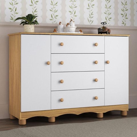 Cômoda Infantil 125cm 2 Portas e 4 Gavetas Dengo Multimóveis Mp4440 Madeirado/branco