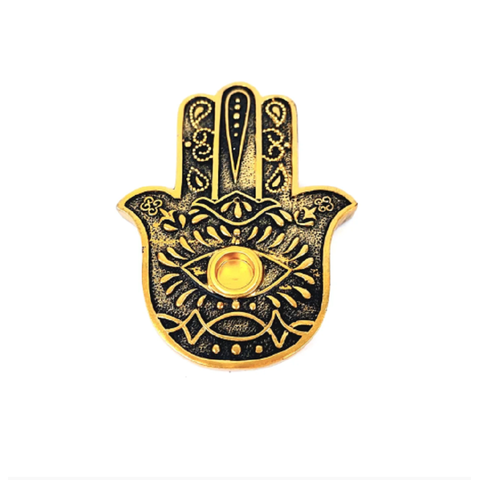 Incensário Resina Mão Hansa Dourado Preto com Olho 11 Cm