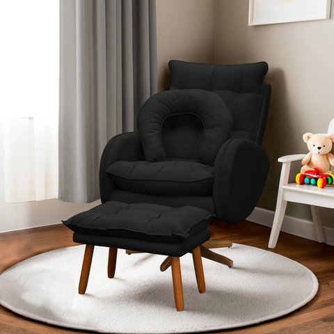 Kit Poltrona de Amamentação Base Giratória Balanço e Puff Angra Veludo - Sofa Store:Veludo Preto
