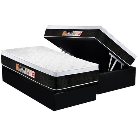 Cama Box Baú Solteiro: Colchão Espuma D45 Castor Black e White Air Euro Pillow + Base CRC Courano Bl