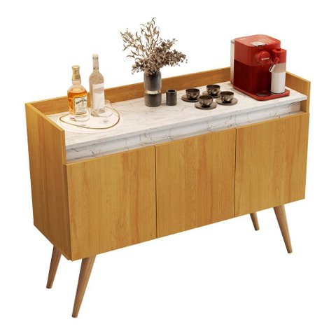 Aparador Buffet Gold Marmorizado 3 Portas Pés Madeira Maciça Mel/marmore Branco