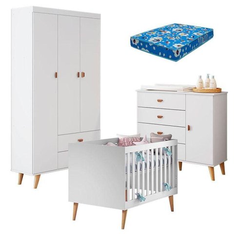 Quarto de Bebê Duda com Berço Americano Ludmila Branco Acetinado Bétula e Colchão Ortobom