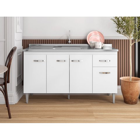Balcão Gabinete P/ Pia Gabriela com Tampo 150 Cm Ajl Móveis - Branco