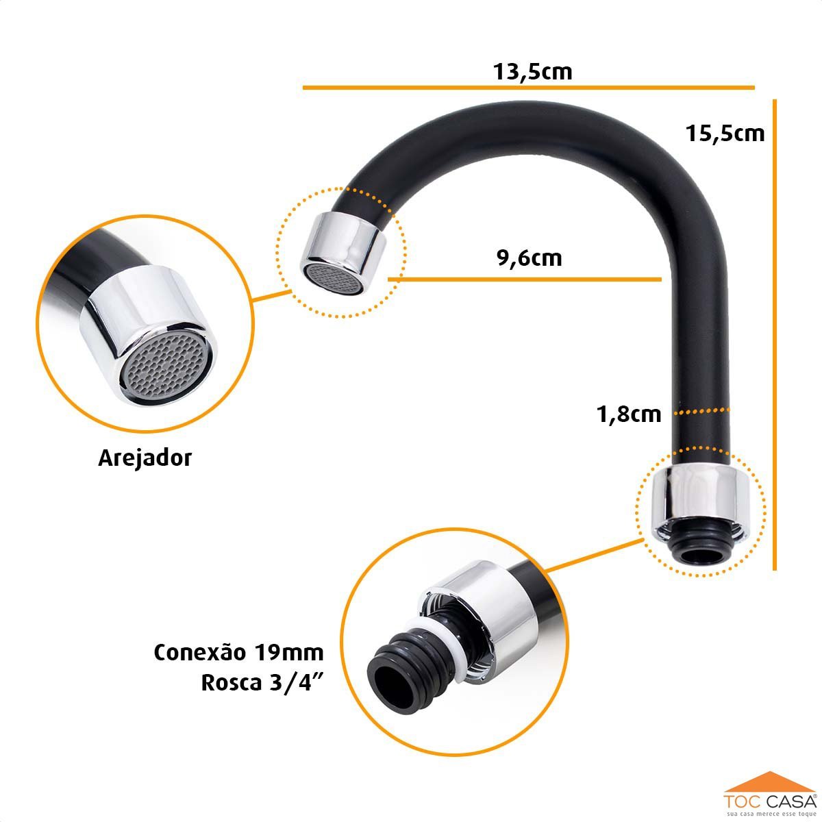 Tubo Bica 3/4 P/ Torneira Lavatório Abs Preto Arejador Fixo - 4