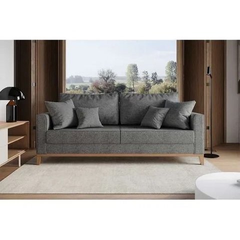 Sofá 3 Lugares Beny Base de Madeira Linho Cinza Madeira Prima