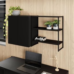 Armário Aéreo 60cm 2 Portas e Nicho 3 Prateleiras F5 Office Cor:preto - 1