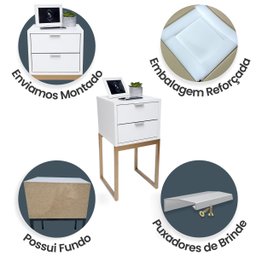 Mesa de Cabeceira Eco Industrial 30cm Branco 2 Gavetas Pés Ferro Dourado para Quarto Cama - 4